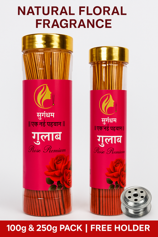 Gulab Agarbatti – 250g + 100g Extra | Rose Incense Sticks with Free Agarbatti Stand